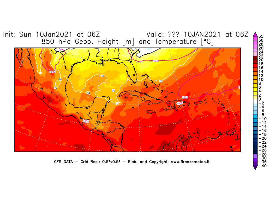 Mappa di analisi GFS - Geopotenziale [m] e Temperatura [°C] a 850 hPa in Centro-America
							del 10/01/2021 06 <!--googleoff: index-->UTC<!--googleon: index-->
