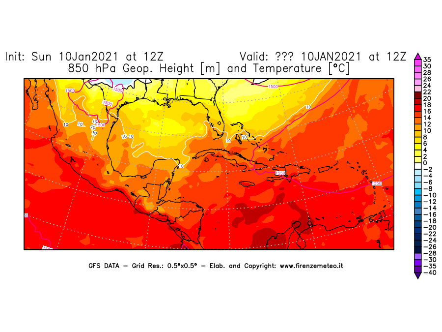 Mappa di analisi GFS - Geopotenziale [m] e Temperatura [°C] a 850 hPa in Centro-America
									del 10/01/2021 12 <!--googleoff: index-->UTC<!--googleon: index-->