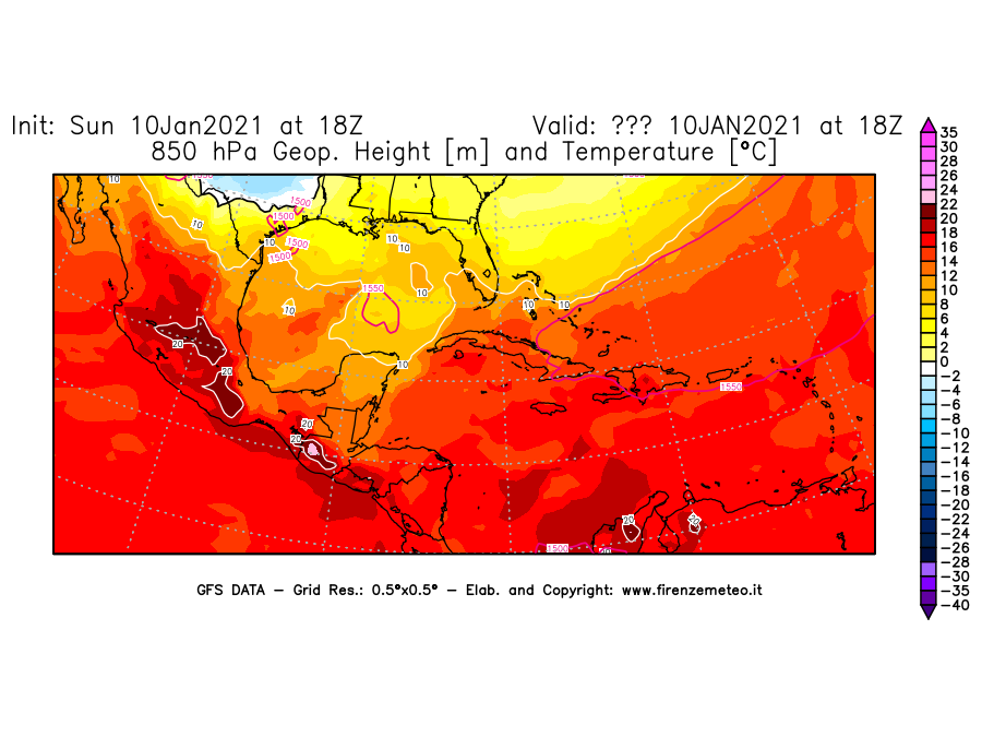Mappa di analisi GFS - Geopotenziale [m] e Temperatura [°C] a 850 hPa in Centro-America
							del 10/01/2021 18 <!--googleoff: index-->UTC<!--googleon: index-->