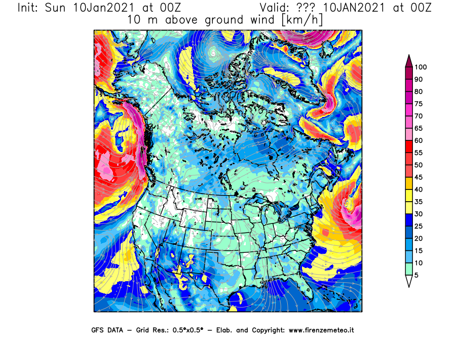 Mappa di analisi GFS - Velocità del vento a 10 metri dal suolo [km/h] in Nord-America
							del 10/01/2021 00 <!--googleoff: index-->UTC<!--googleon: index-->