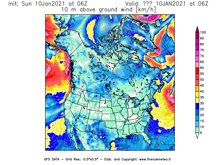 Mappa di analisi GFS - Velocità del vento a 10 metri dal suolo [km/h] in Nord-America
							del 10/01/2021 06 <!--googleoff: index-->UTC<!--googleon: index-->