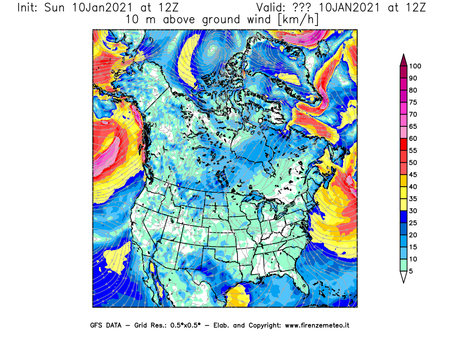 Mappa di analisi GFS - Velocità del vento a 10 metri dal suolo [km/h] in Nord-America
							del 10/01/2021 12 <!--googleoff: index-->UTC<!--googleon: index-->