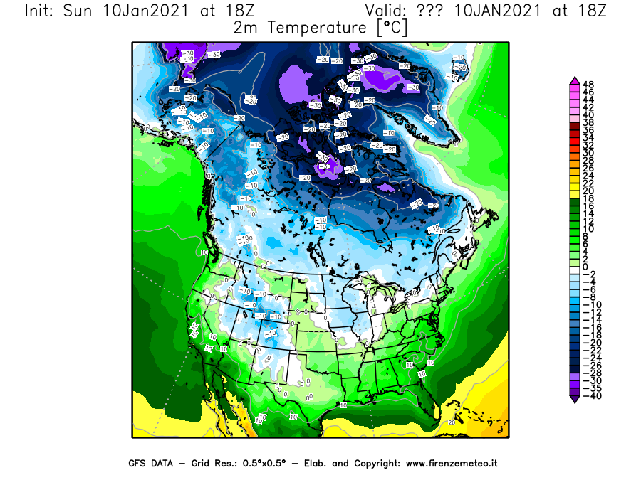 Mappa di analisi GFS - Temperatura a 2 metri dal suolo [°C] in Nord-America
							del 10/01/2021 18 <!--googleoff: index-->UTC<!--googleon: index-->