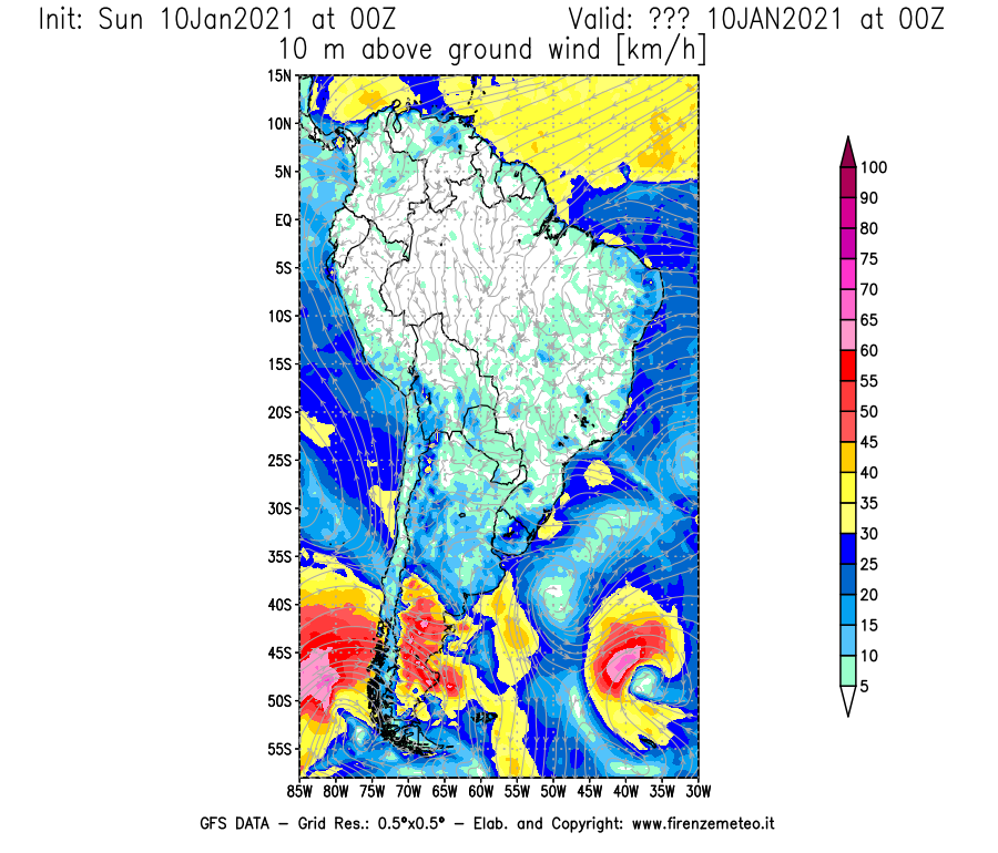 Mappa di analisi GFS - Velocità del vento a 10 metri dal suolo [km/h] in Sud-America
							del 10/01/2021 00 <!--googleoff: index-->UTC<!--googleon: index-->
