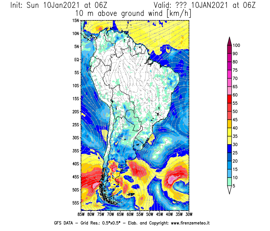 Mappa di analisi GFS - Velocità del vento a 10 metri dal suolo [km/h] in Sud-America
							del 10/01/2021 06 <!--googleoff: index-->UTC<!--googleon: index-->
