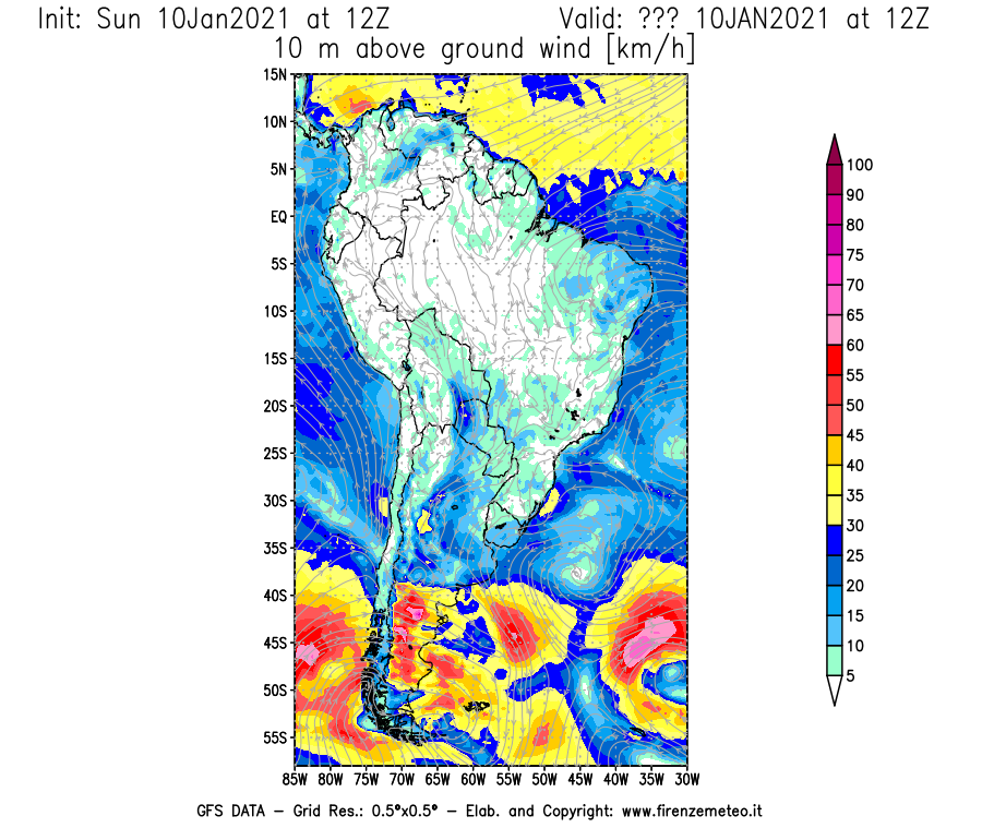 Mappa di analisi GFS - Velocità del vento a 10 metri dal suolo [km/h] in Sud-America
									del 10/01/2021 12 <!--googleoff: index-->UTC<!--googleon: index-->