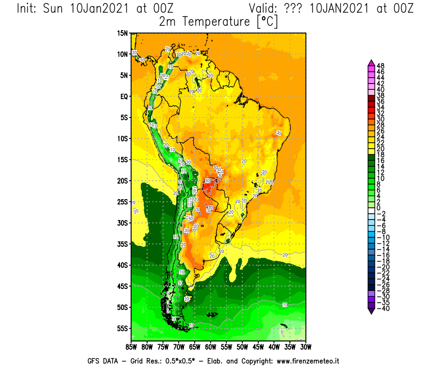 Mappa di analisi GFS - Temperatura a 2 metri dal suolo [°C] in Sud-America
							del 10/01/2021 00 <!--googleoff: index-->UTC<!--googleon: index-->