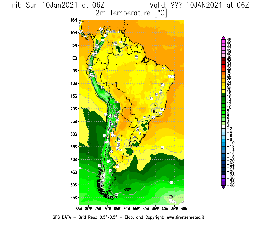 Mappa di analisi GFS - Temperatura a 2 metri dal suolo [°C] in Sud-America
									del 10/01/2021 06 <!--googleoff: index-->UTC<!--googleon: index-->