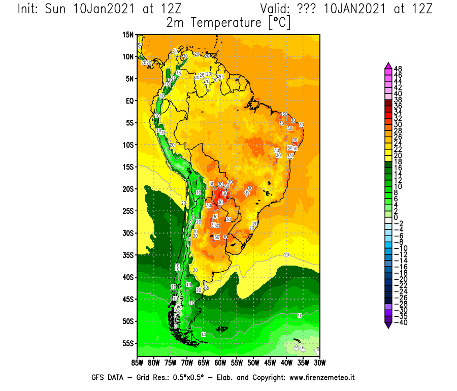 Mappa di analisi GFS - Temperatura a 2 metri dal suolo [°C] in Sud-America
							del 10/01/2021 12 <!--googleoff: index-->UTC<!--googleon: index-->