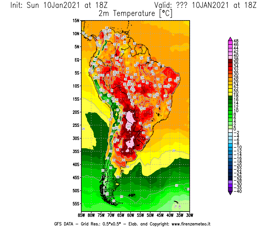 Mappa di analisi GFS - Temperatura a 2 metri dal suolo [°C] in Sud-America
									del 10/01/2021 18 <!--googleoff: index-->UTC<!--googleon: index-->