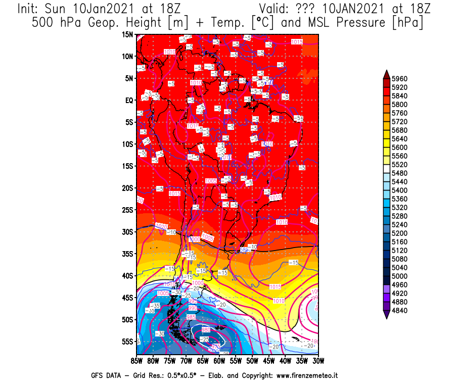 Mappa di analisi GFS - Geopotenziale [m] + Temp. [°C] a 500 hPa + Press. a livello del mare [hPa] in Sud-America
							del 10/01/2021 18 <!--googleoff: index-->UTC<!--googleon: index-->
