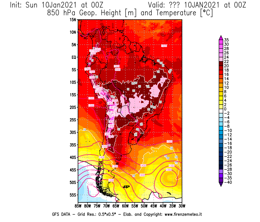 Mappa di analisi GFS - Geopotenziale [m] e Temperatura [°C] a 850 hPa in Sud-America
									del 10/01/2021 00 <!--googleoff: index-->UTC<!--googleon: index-->