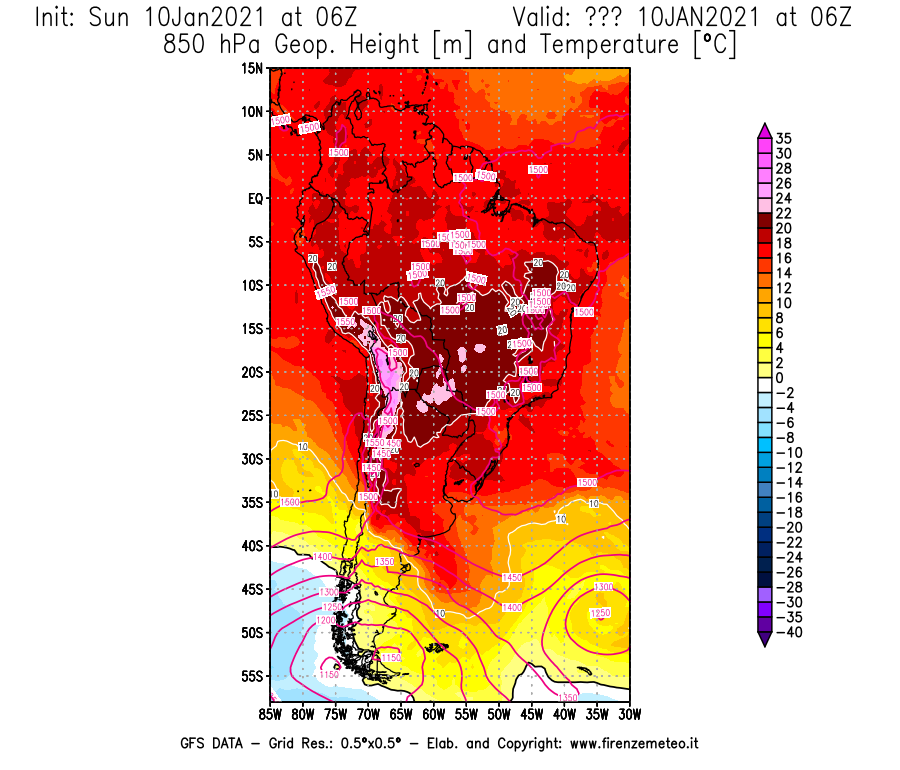 Mappa di analisi GFS - Geopotenziale [m] e Temperatura [°C] a 850 hPa in Sud-America
									del 10/01/2021 06 <!--googleoff: index-->UTC<!--googleon: index-->