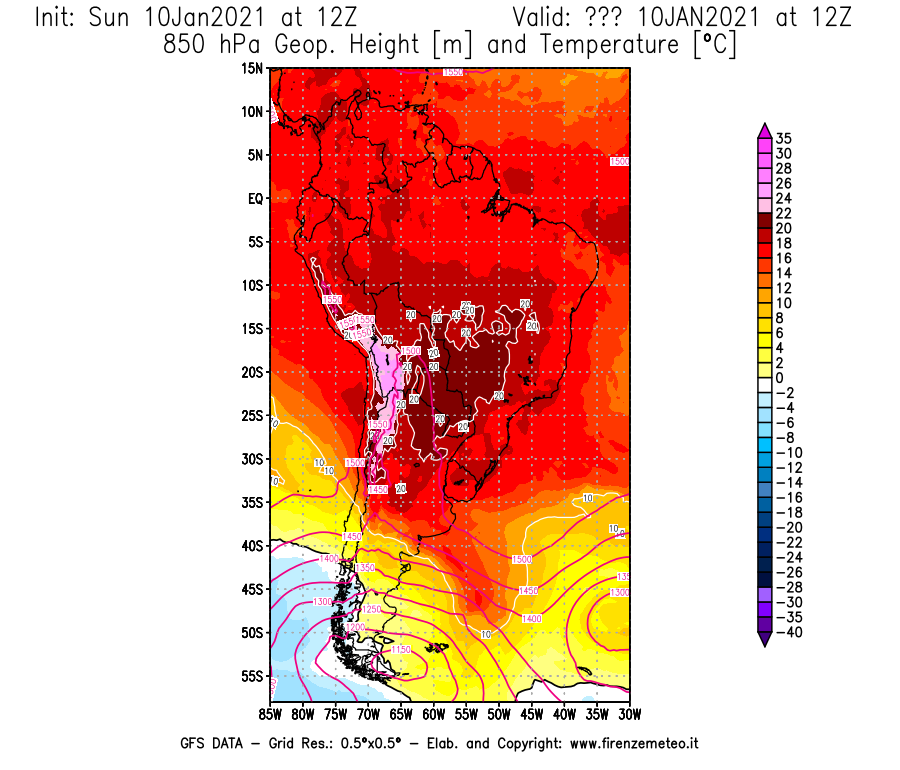Mappa di analisi GFS - Geopotenziale [m] e Temperatura [°C] a 850 hPa in Sud-America
									del 10/01/2021 12 <!--googleoff: index-->UTC<!--googleon: index-->