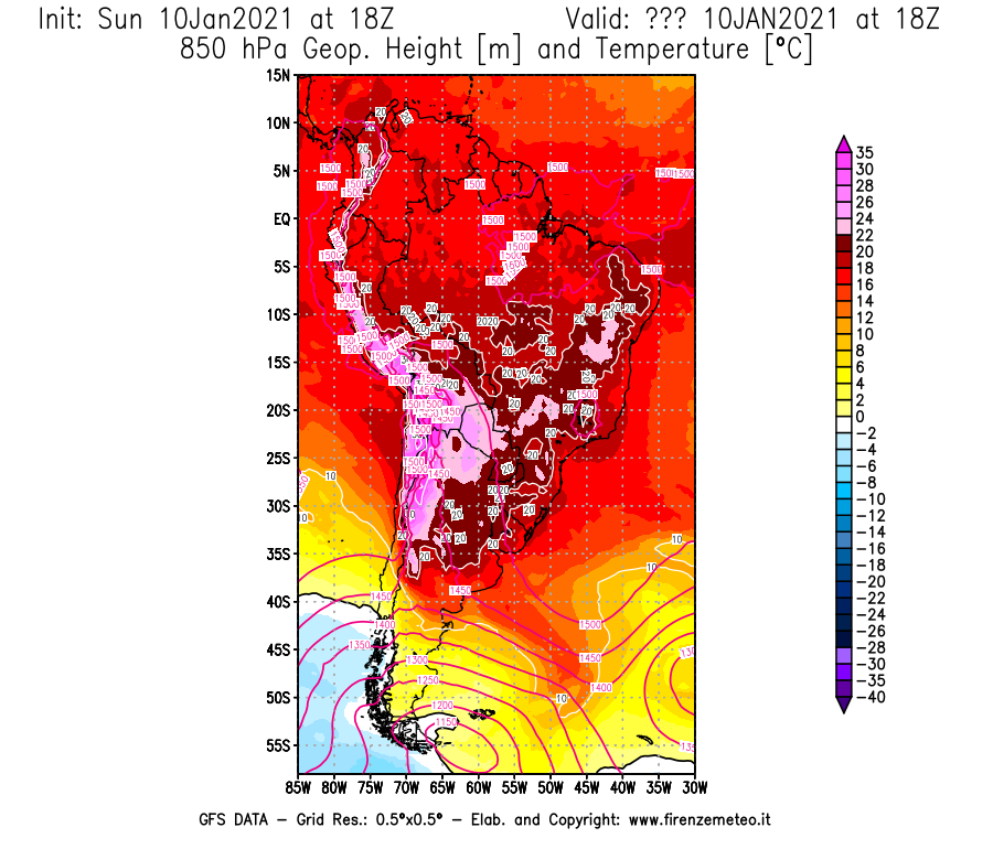 Mappa di analisi GFS - Geopotenziale [m] e Temperatura [°C] a 850 hPa in Sud-America
							del 10/01/2021 18 <!--googleoff: index-->UTC<!--googleon: index-->