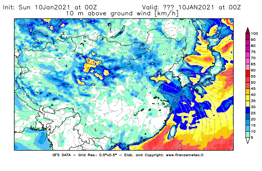 Mappa di analisi GFS - Velocità del vento a 10 metri dal suolo [km/h] in Asia Orientale
							del 10/01/2021 00 <!--googleoff: index-->UTC<!--googleon: index-->