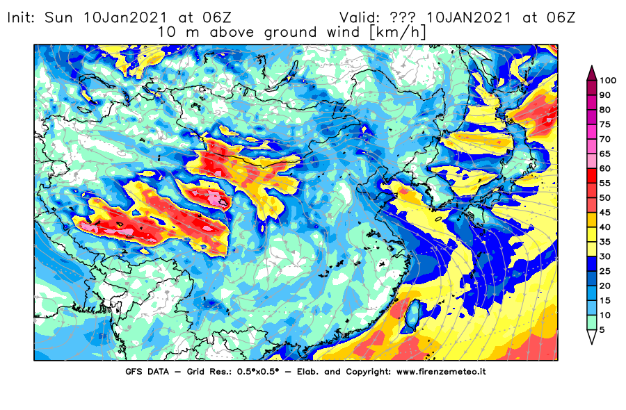 Mappa di analisi GFS - Velocità del vento a 10 metri dal suolo [km/h] in Asia Orientale
									del 10/01/2021 06 <!--googleoff: index-->UTC<!--googleon: index-->