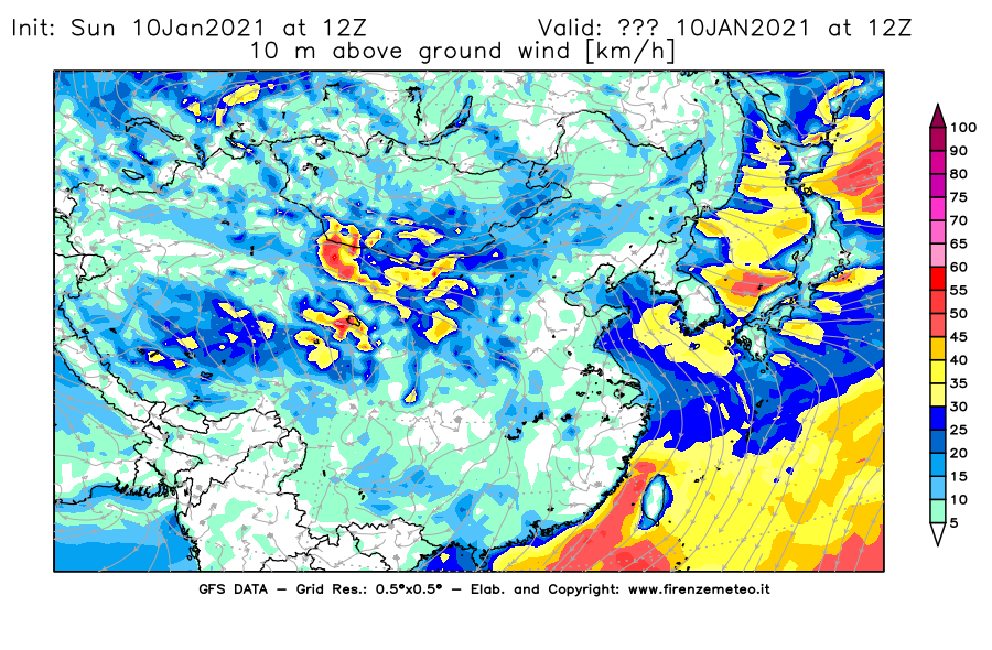 Mappa di analisi GFS - Velocità del vento a 10 metri dal suolo [km/h] in Asia Orientale
									del 10/01/2021 12 <!--googleoff: index-->UTC<!--googleon: index-->
