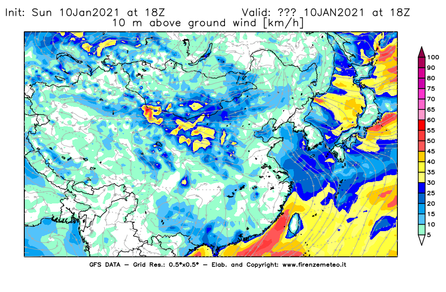 Mappa di analisi GFS - Velocità del vento a 10 metri dal suolo [km/h] in Asia Orientale
									del 10/01/2021 18 <!--googleoff: index-->UTC<!--googleon: index-->