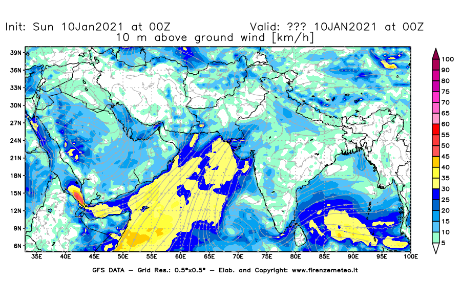 Mappa di analisi GFS - Velocità del vento a 10 metri dal suolo [km/h] in Asia Sud-Occidentale
							del 10/01/2021 00 <!--googleoff: index-->UTC<!--googleon: index-->