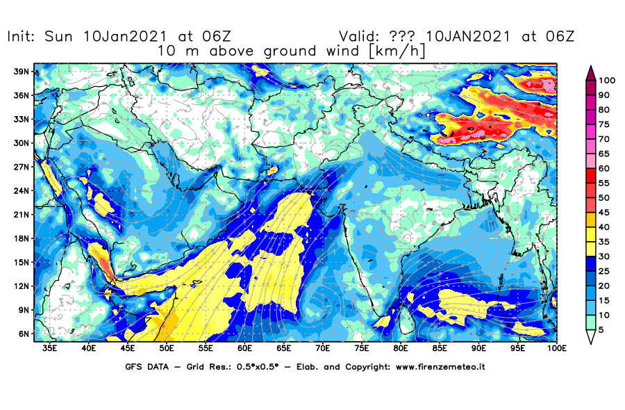 Mappa di analisi GFS - Velocità del vento a 10 metri dal suolo [km/h] in Asia Sud-Occidentale
							del 10/01/2021 06 <!--googleoff: index-->UTC<!--googleon: index-->