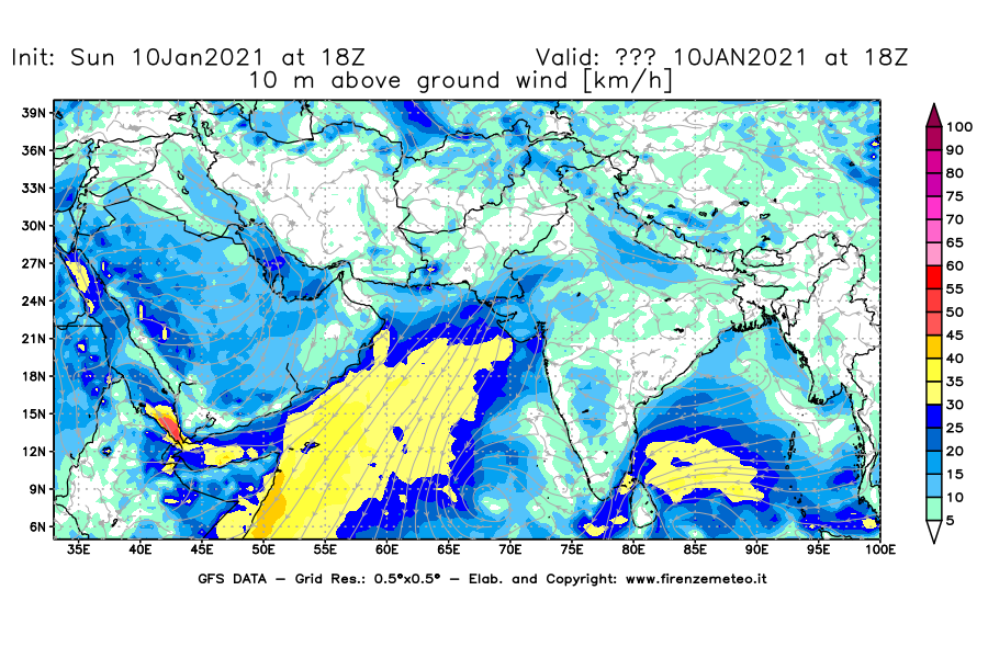Mappa di analisi GFS - Velocità del vento a 10 metri dal suolo [km/h] in Asia Sud-Occidentale
									del 10/01/2021 18 <!--googleoff: index-->UTC<!--googleon: index-->
