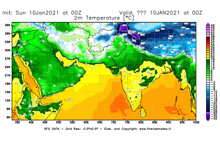 Mappa di analisi GFS - Temperatura a 2 metri dal suolo [°C] in Asia Sud-Occidentale
							del 10/01/2021 00 <!--googleoff: index-->UTC<!--googleon: index-->
