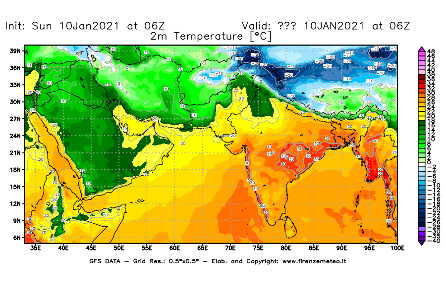 Mappa di analisi GFS - Temperatura a 2 metri dal suolo [°C] in Asia Sud-Occidentale
									del 10/01/2021 06 <!--googleoff: index-->UTC<!--googleon: index-->