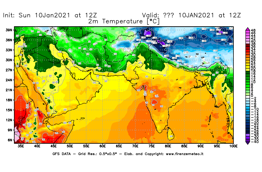 Mappa di analisi GFS - Temperatura a 2 metri dal suolo [°C] in Asia Sud-Occidentale
							del 10/01/2021 12 <!--googleoff: index-->UTC<!--googleon: index-->