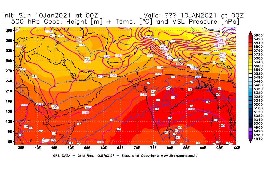 Mappa di analisi GFS - Geopotenziale [m] + Temp. [°C] a 500 hPa + Press. a livello del mare [hPa] in Asia Sud-Occidentale
							del 10/01/2021 00 <!--googleoff: index-->UTC<!--googleon: index-->