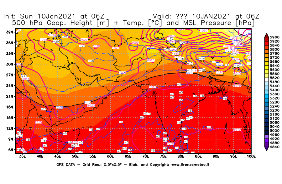 Mappa di analisi GFS - Geopotenziale [m] + Temp. [°C] a 500 hPa + Press. a livello del mare [hPa] in Asia Sud-Occidentale
							del 10/01/2021 06 <!--googleoff: index-->UTC<!--googleon: index-->