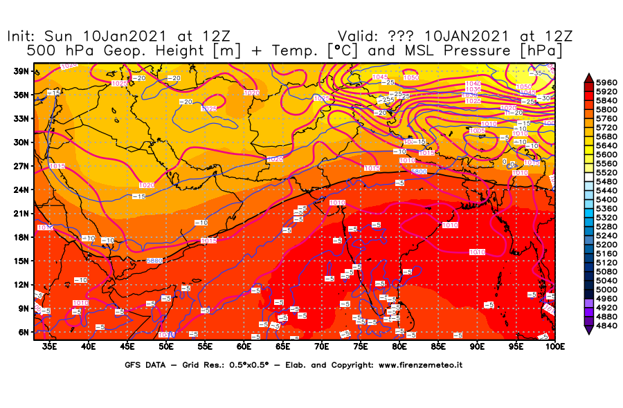 Mappa di analisi GFS - Geopotenziale [m] + Temp. [°C] a 500 hPa + Press. a livello del mare [hPa] in Asia Sud-Occidentale
									del 10/01/2021 12 <!--googleoff: index-->UTC<!--googleon: index-->