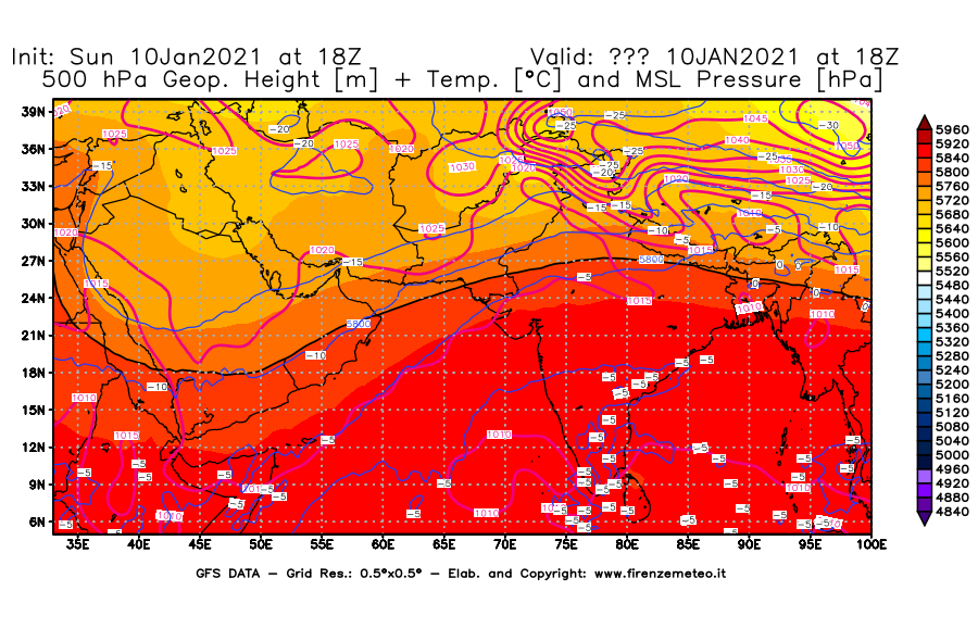 Mappa di analisi GFS - Geopotenziale [m] + Temp. [°C] a 500 hPa + Press. a livello del mare [hPa] in Asia Sud-Occidentale
							del 10/01/2021 18 <!--googleoff: index-->UTC<!--googleon: index-->