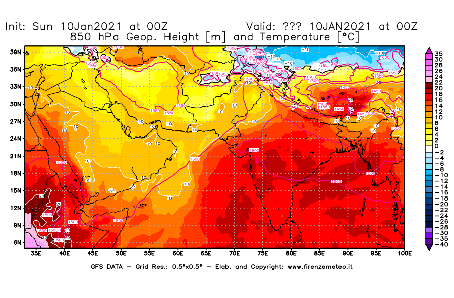 Mappa di analisi GFS - Geopotenziale [m] e Temperatura [°C] a 850 hPa in Asia Sud-Occidentale
									del 10/01/2021 00 <!--googleoff: index-->UTC<!--googleon: index-->