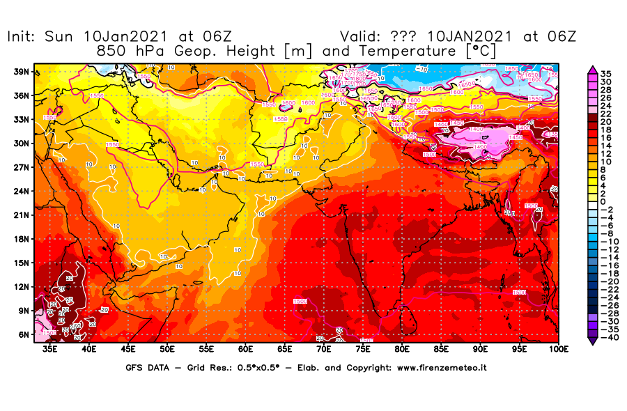 Mappa di analisi GFS - Geopotenziale [m] e Temperatura [°C] a 850 hPa in Asia Sud-Occidentale
							del 10/01/2021 06 <!--googleoff: index-->UTC<!--googleon: index-->