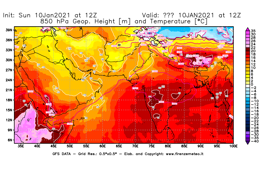 Mappa di analisi GFS - Geopotenziale [m] e Temperatura [°C] a 850 hPa in Asia Sud-Occidentale
									del 10/01/2021 12 <!--googleoff: index-->UTC<!--googleon: index-->