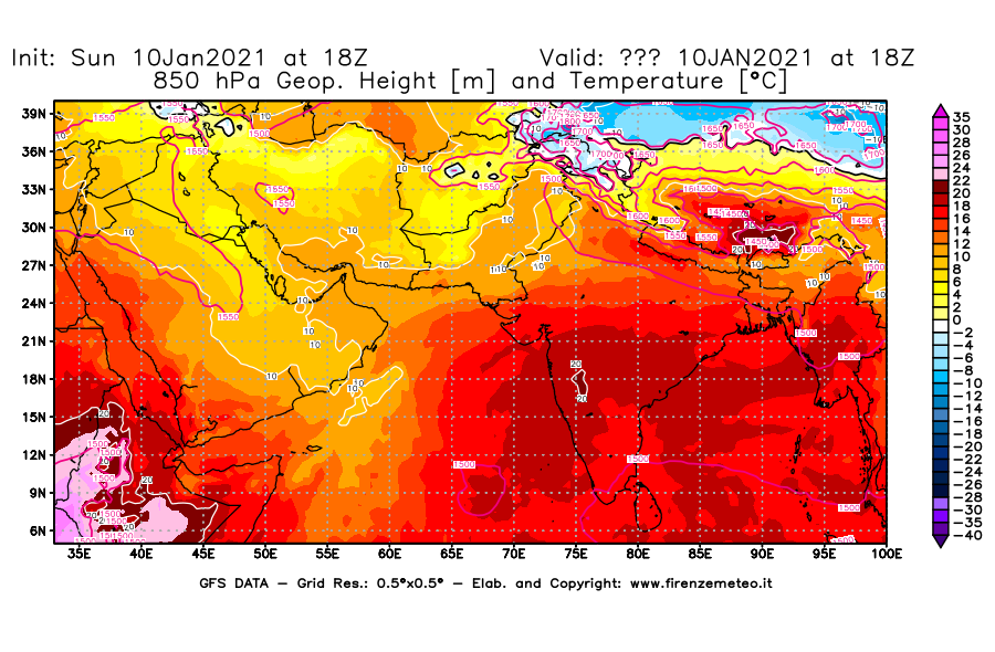 Mappa di analisi GFS - Geopotenziale [m] e Temperatura [°C] a 850 hPa in Asia Sud-Occidentale
							del 10/01/2021 18 <!--googleoff: index-->UTC<!--googleon: index-->