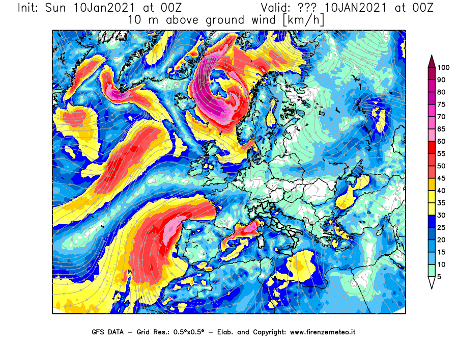 Mappa di analisi GFS - Velocità del vento a 10 metri dal suolo [km/h] in Europa
									del 10/01/2021 00 <!--googleoff: index-->UTC<!--googleon: index-->