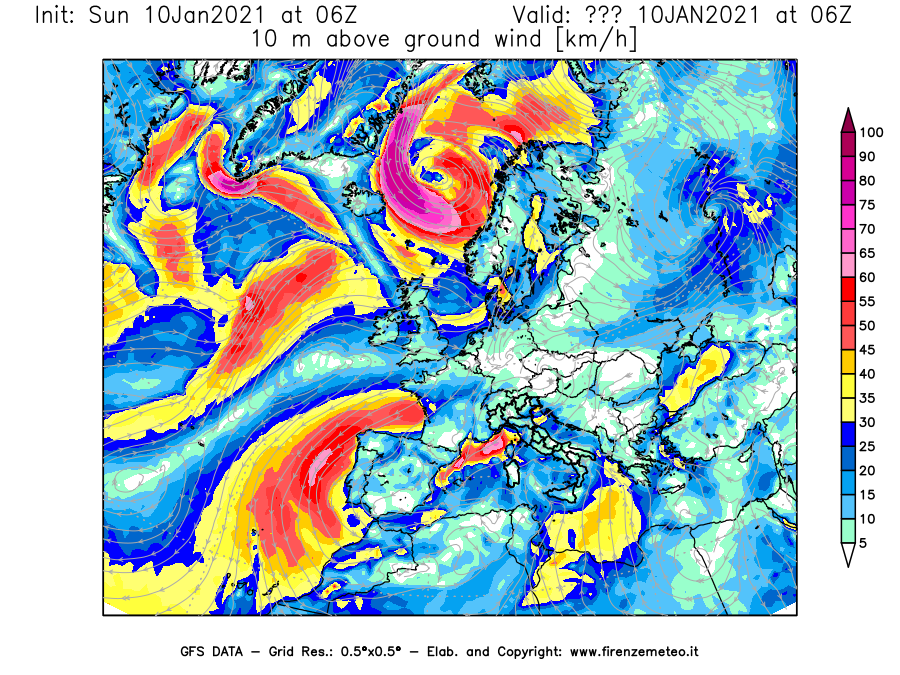Mappa di analisi GFS - Velocità del vento a 10 metri dal suolo [km/h] in Europa
							del 10/01/2021 06 <!--googleoff: index-->UTC<!--googleon: index-->