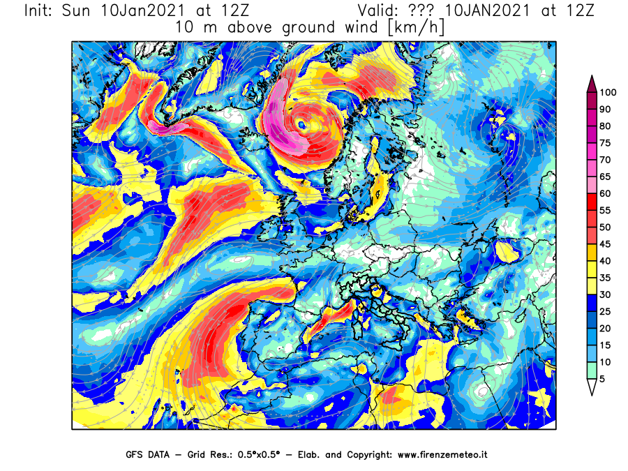Mappa di analisi GFS - Velocità del vento a 10 metri dal suolo [km/h] in Europa
							del 10/01/2021 12 <!--googleoff: index-->UTC<!--googleon: index-->