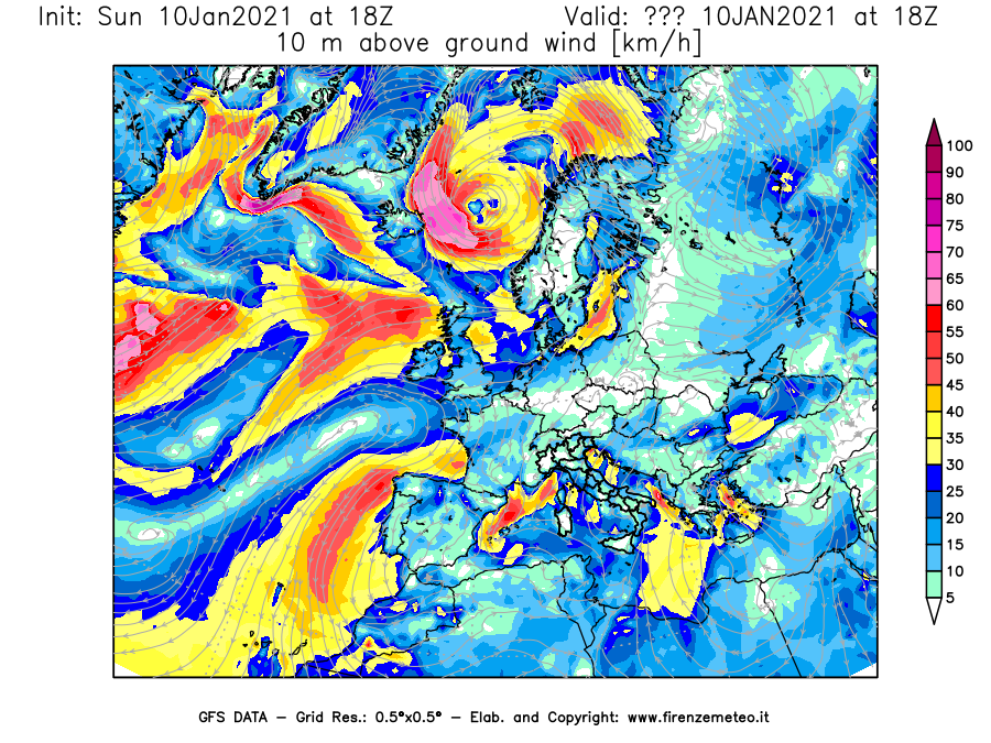 Mappa di analisi GFS - Velocità del vento a 10 metri dal suolo [km/h] in Europa
									del 10/01/2021 18 <!--googleoff: index-->UTC<!--googleon: index-->