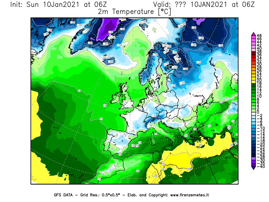 Mappa di analisi GFS - Temperatura a 2 metri dal suolo [°C] in Europa
									del 10/01/2021 06 <!--googleoff: index-->UTC<!--googleon: index-->