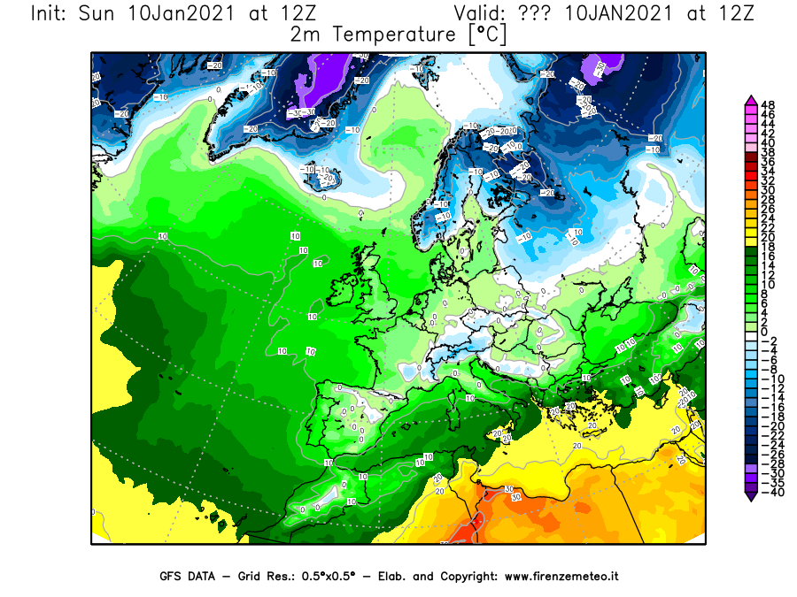 Mappa di analisi GFS - Temperatura a 2 metri dal suolo [°C] in Europa
									del 10/01/2021 12 <!--googleoff: index-->UTC<!--googleon: index-->