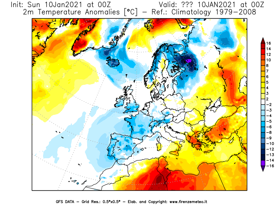 Mappa di analisi GFS - Anomalia Temperatura [°C] a 2 m in Europa
							del 10/01/2021 00 <!--googleoff: index-->UTC<!--googleon: index-->