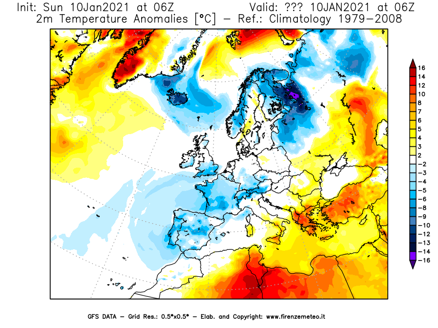 Mappa di analisi GFS - Anomalia Temperatura [°C] a 2 m in Europa
									del 10/01/2021 06 <!--googleoff: index-->UTC<!--googleon: index-->