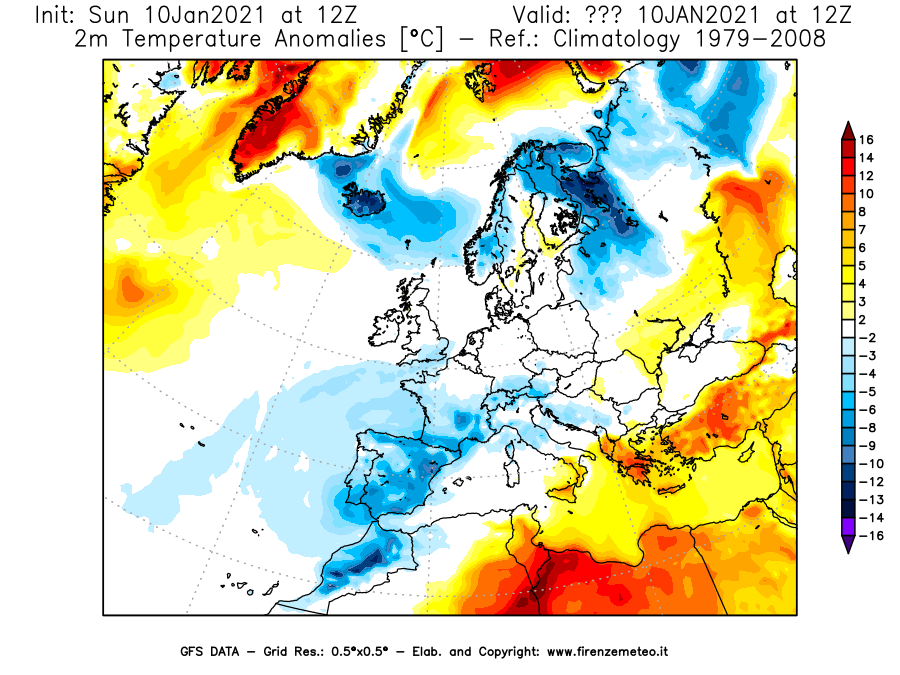 Mappa di analisi GFS - Anomalia Temperatura [°C] a 2 m in Europa
							del 10/01/2021 12 <!--googleoff: index-->UTC<!--googleon: index-->