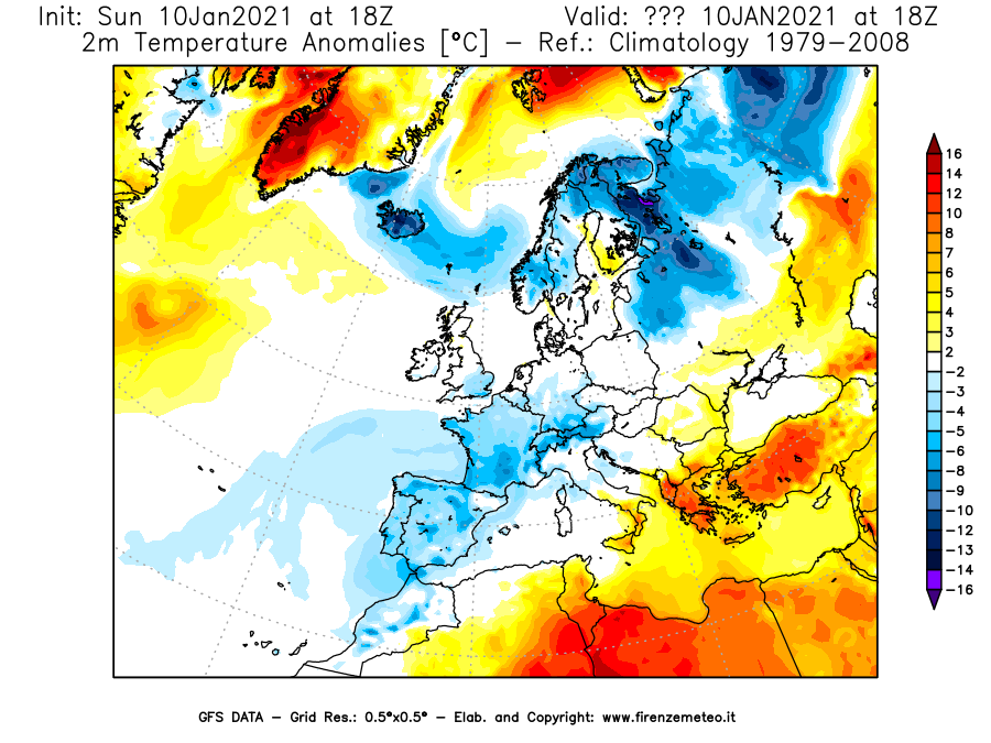 Mappa di analisi GFS - Anomalia Temperatura [°C] a 2 m in Europa
							del 10/01/2021 18 <!--googleoff: index-->UTC<!--googleon: index-->