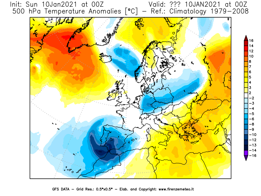 Mappa di analisi GFS - Anomalia Temperatura [°C] a 500 hPa in Europa
									del 10/01/2021 00 <!--googleoff: index-->UTC<!--googleon: index-->