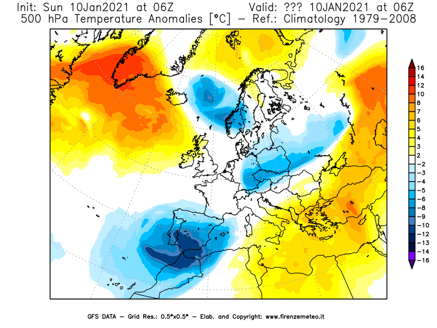 Mappa di analisi GFS - Anomalia Temperatura [°C] a 500 hPa in Europa
									del 10/01/2021 06 <!--googleoff: index-->UTC<!--googleon: index-->