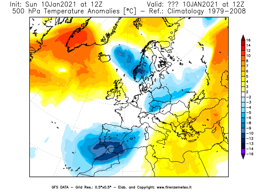 Mappa di analisi GFS - Anomalia Temperatura [°C] a 500 hPa in Europa
									del 10/01/2021 12 <!--googleoff: index-->UTC<!--googleon: index-->